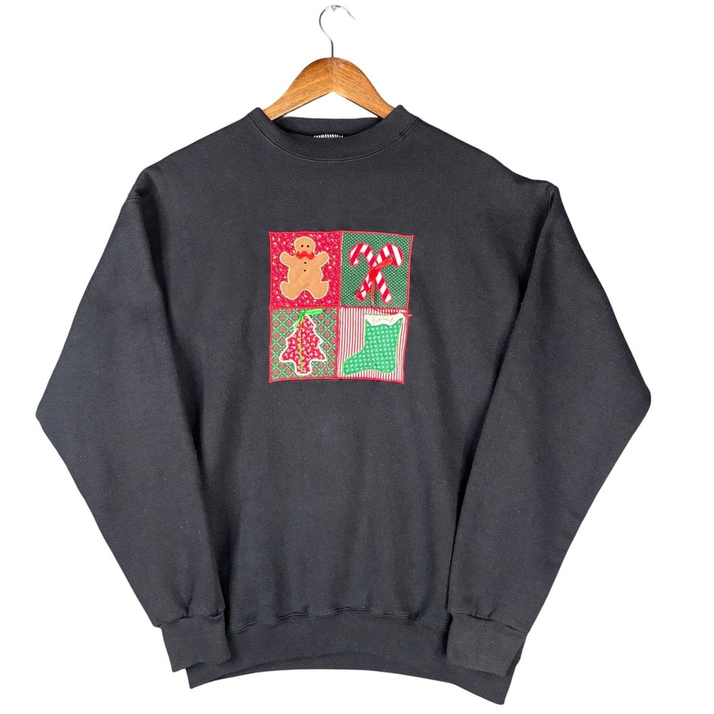Vintage Discus Athletic Christmas Patchwork Sweatshirt Black Large Made in USA